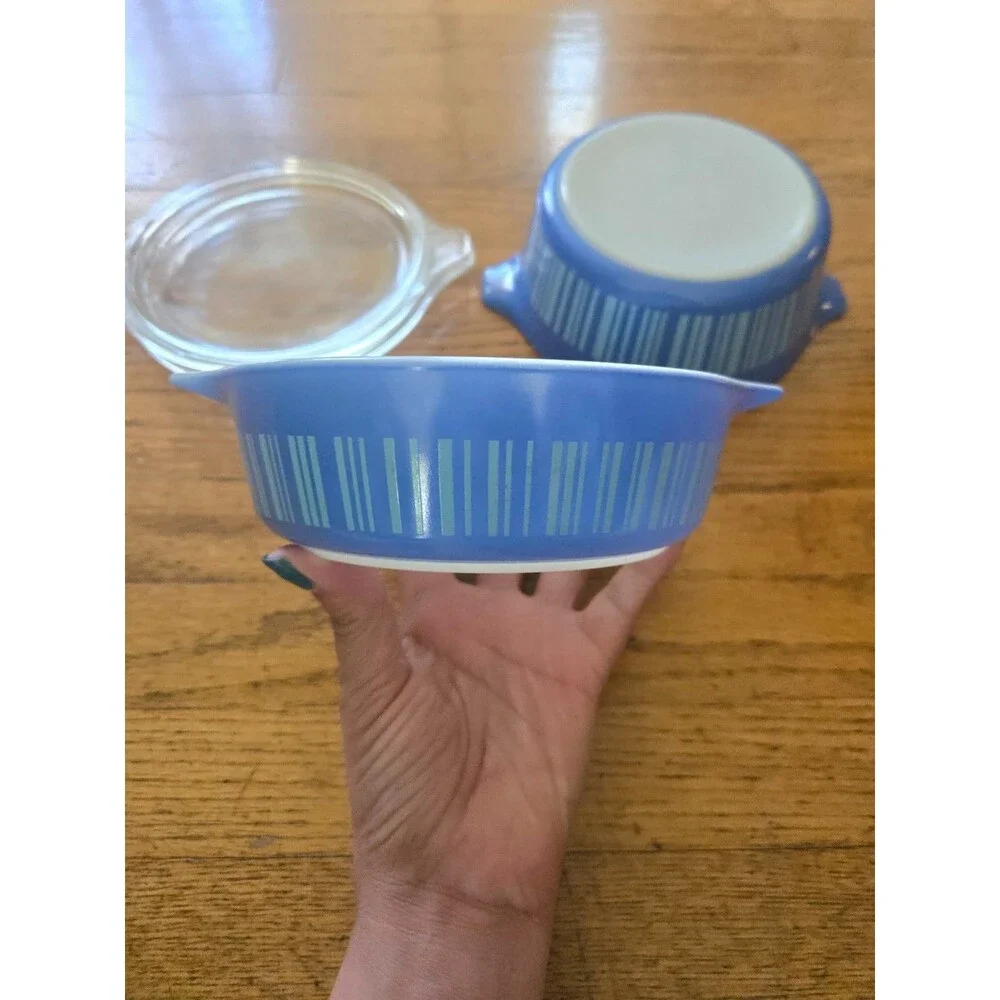 Vintage Pyrex Barcode Blue Stripes 471 & 472 W/ Lids Casserole Dishes